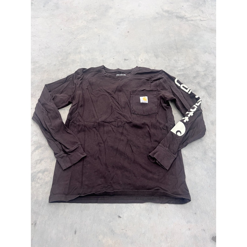 Carhartt T-Shirt Boys Large 14-16 Dark Brown Graphic Long Sleeve Pocket Workwear